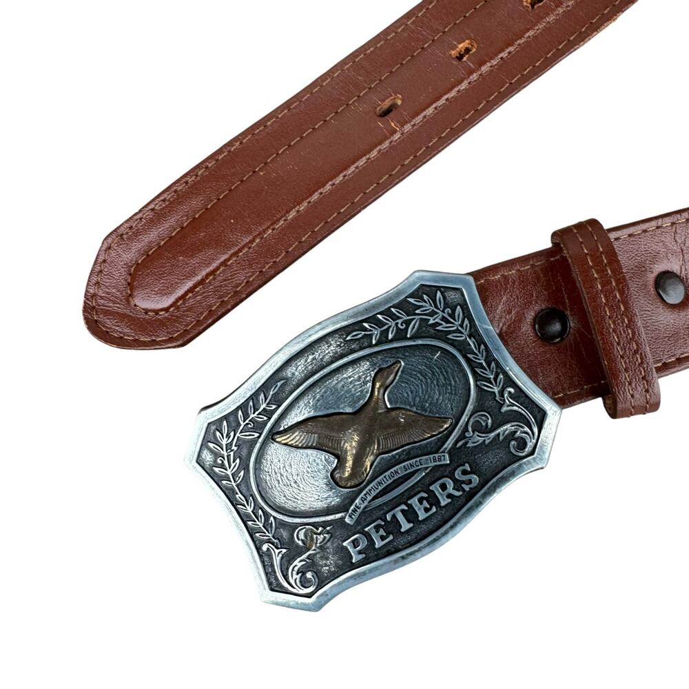 VTG Justin Cowhide Leather Belt Peters Remington Arms Ammunition 1987 Buckle 38